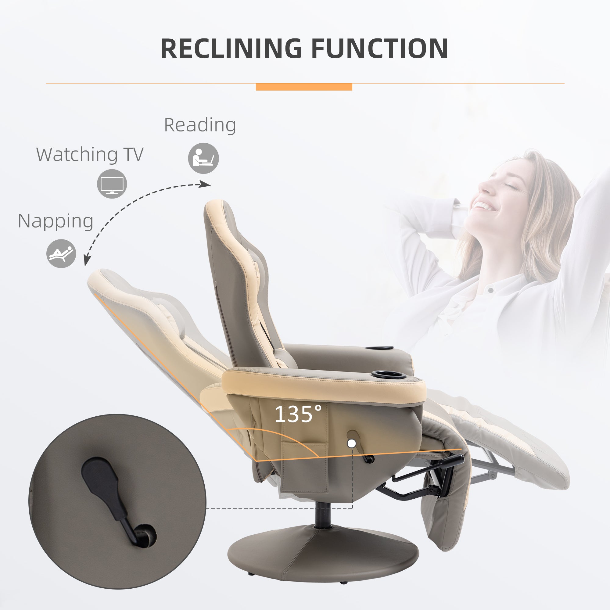 HOMCOM Manual Recliner Armchair PU Leather Lounge Chair w/ Adjustable Leg Rest, 135° Reclining Function, 360° Swivel, Grey